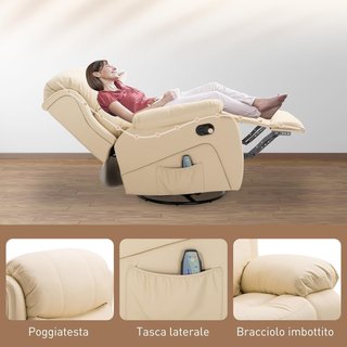 Poltrona Relax Massaggiante con Reclinazione Regolabile e 8 Punti Vibranti e Riscaldanti, Poltrona Elettrica Girevole a 360° con Telecomando, in Pelle Sintetica e Acciaio, Beige