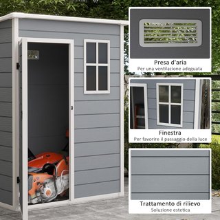 Caseta de Jardín para Herramientas con Acabado Efecto Madera Raspada y Suelo, 1.14M² Caseta de Jardín con Puerta y Cerradura, Techo Inclinado, 151X92X193Cm, Gris