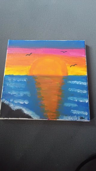 Cuadro atardecer mar pintado a mano