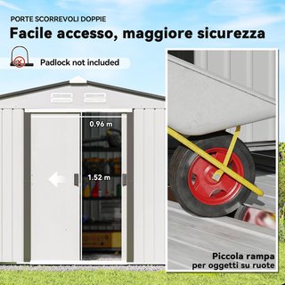 Caseta De Jardín 5M² De Acero Galvanizado Con Kit De Fundación, Ventilaciones, Caseta De Jardín Con Techo Inclinado, Doble Puerta Corredera Bloqueable, Caseta Para Herramientas, Blanca