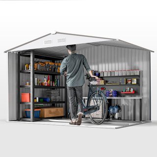 Caseta De Jardín 5M² De Acero Galvanizado Con Kit De Fundación, Ventilaciones, Caseta De Jardín Con Techo Inclinado, Doble Puerta Corredera Bloqueable, Caseta Para Herramientas, Blanca