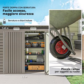 Caseta de Jardín 2.7M² en Acero Galvanizado, Cobertizo para Herramientas con Techo Inclinado, 2 Ventilaciones, Puertas Bloqueables con Candado, Guantes, 249X121X183 Cm, Gris Claro