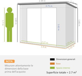 Caseta de Jardín 2.7M² en Acero Galvanizado, Cobertizo para Herramientas con Techo Inclinado, 2 Ventilaciones, Puertas Bloqueables con Candado, Guantes, 249X121X183 Cm, Gris Claro