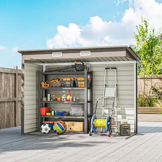 Caseta de Jardín 2.7M² en Acero Galvanizado, Cobertizo para Herramientas con Techo Inclinado, 2 Ventilaciones, Puertas Bloqueables con Candado, Guantes, 249X121X183 Cm, Gris Claro