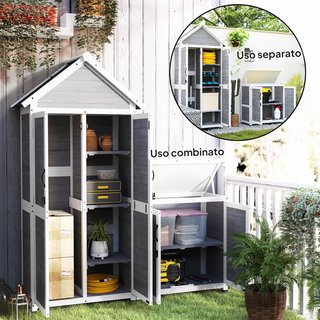 Cobertizo para Herramientas de Jardín 0.32M² en Madera de Abeto, Caseta de Herramientas de Jardín con Armario, Estantes Regulables, Base Elevada y Techo Abierto Impermeable, Gris Claro