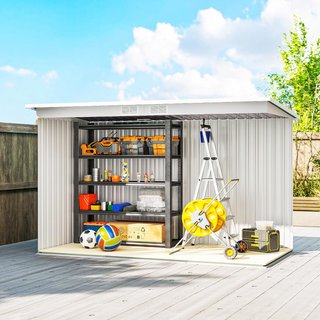 Cobertizo de Jardín 3,2M² en Acero Galvanizado con Kit de Fundación, Salidas de Aire, Almacenamiento de Herramientas con Techo Inclinado, Doble Puerta Corredera