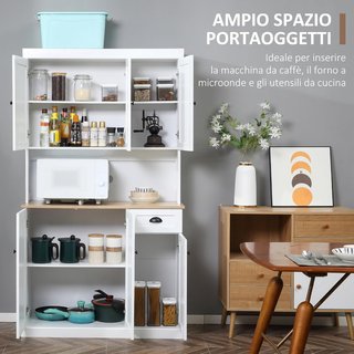 Credenza de Cocina Alta con Armarios, Cajón y Encimera para Microondas, Mueble de Despensa Estrecho con Puertas y Estantes Regulables, para Sala de Estar, Comedor, 101X39X180Cm, Blanco
