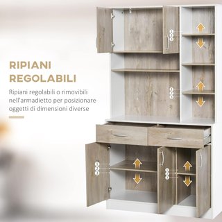 Mueble Buffet Alacena Cocina, Puertas Cajones Y Compartimentos Abiertos, 100L X 39P X 181.5Acm Blanco Y Madera