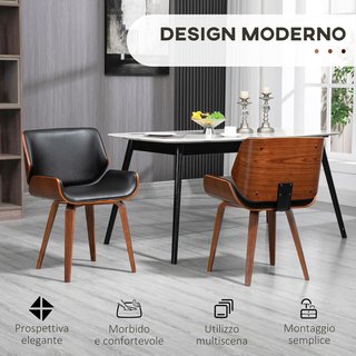Juego de 2 Sillas de Comedor en Piel Sintética con Respaldo, Patas de Madera de Álamo, Silla para Cocina, Sala de Estar, Dormitorio, Oficina, Estilo Retro, Estilo Vintage, Negro