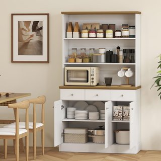 Credenza de Cocina Con 3 Estantes Abiertos, 3 Cajones Y 2 Armarios, Mueble Despensa Estrecho de Madera, para Sala de Estar, Comedor, 101X39X180.5 Cm, Blanco