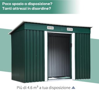 Caseta De Jardín 2.9M² en Chapa De Acero, Cobertizo Para Herramientas De Jardín Con Base, Ventilación Y 2 Puertas Correderas, 261X131X182 Cm, Verde