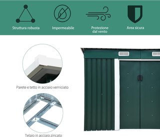 Caseta De Jardín 2.9M² en Chapa De Acero, Cobertizo Para Herramientas De Jardín Con Base, Ventilación Y 2 Puertas Correderas, 261X131X182 Cm, Verde