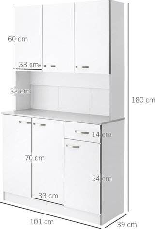 Credenza de Cocina con Armarios, Cajón y Superficie para Microondas, Mueble de Despensa Estrecho con Puertas y Estantes Regulables, Mueble de Cocina para Sala de Estar, Comedor, 101X39X180 Cm, Blanco