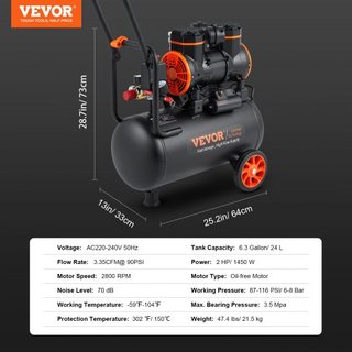 Compresor de Aire 23.8 L 1450W 3.35 CFM@ 90PSI 70 dB Ultra Silencioso Sin Aceite