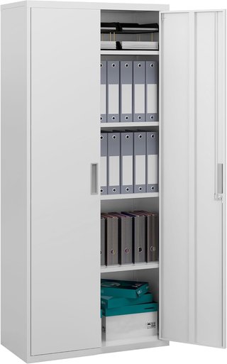 Armario de Oficina de 5 Niveles Con 4 Estantes Regulables, Armario de Metal para Documentos Con 2 Puertas, Cerradura Y 2 Llaves, 80X40X180 Cm, Blanco