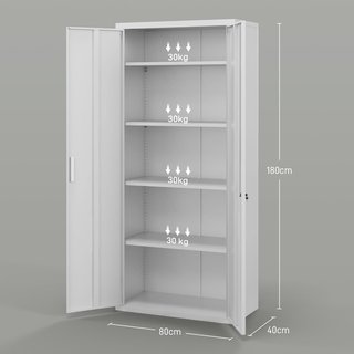 Armario de Oficina de 5 Niveles Con 4 Estantes Regulables, Armario de Metal para Documentos Con 2 Puertas, Cerradura Y 2 Llaves, 80X40X180 Cm, Blanco