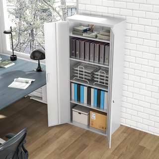 Armario de Oficina de 5 Niveles Con 4 Estantes Regulables, Armario de Metal para Documentos Con 2 Puertas, Cerradura Y 2 Llaves, 80X40X180 Cm, Blanco