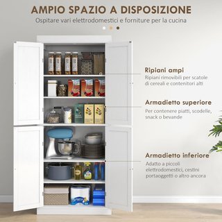 Armario de Cocina Alto Con 6 Estantes Y 2 Puertas, Alacena Con Estantes Regulables de Madera, 76X40.5X184 Cm, Blanco