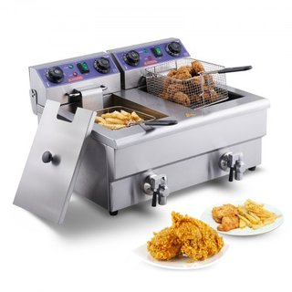 Freidora Comercial, Freidora Eléctrica de Encimera de Doble Tanque de 3000W con Canasta, 2 x 11.6Qt/11L Freidora de Aceite de Acero Inoxidable Doble con Filtración de Aceite, Control de Tiempo y T...