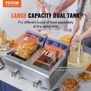 Freidora Comercial, Freidora Eléctrica de Encimera de Doble Tanque de 3000W con Canasta, 2 x 11.6Qt/11L Freidora de Aceite de Acero Inoxidable Doble con Filtración de Aceite, Control de Tiempo y T...