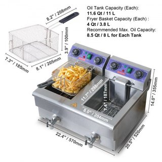 Freidora Comercial, Freidora Eléctrica de Encimera de Doble Tanque de 3000W con Canasta, 2 x 11.6Qt/11L Freidora de Aceite de Acero Inoxidable Doble con Filtración de Aceite, Control de Tiempo y T...