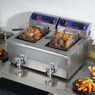 Freidora Comercial, Freidora Eléctrica de Encimera de Doble Tanque de 3000W con Canasta, 2 x 11.6Qt/11L Freidora de Aceite de Acero Inoxidable Doble con Filtración de Aceite, Control de Tiempo y T...