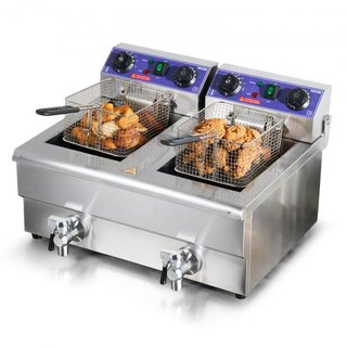 Freidora Comercial, Freidora Eléctrica de Encimera de Doble Tanque de 3000W con Canasta, 2 x 11.6Qt/11L Freidora de Aceite de Acero Inoxidable Doble con Filtración de Aceite, Control de Tiempo y T...