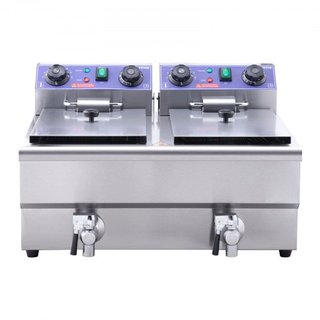 Freidora Comercial, Freidora Eléctrica de Encimera de Doble Tanque de 3000W con Canasta, 2 x 11.6Qt/11L Freidora de Aceite de Acero Inoxidable Doble con Filtración de Aceite, Control de Tiempo y T...