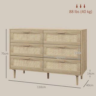 Cómoda de 6 Cajones en Estilo Bohemio para Salón, Cómoda de Dormitorio Boho en Madera y Ratán, 110X40X75 Cm, Color Madera