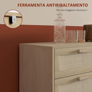 Cómoda de 6 Cajones en Estilo Bohemio para Salón, Cómoda de Dormitorio Boho en Madera y Ratán, 110X40X75 Cm, Color Madera