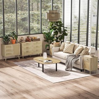 Cómoda de 6 Cajones en Estilo Bohemio para Salón, Cómoda de Dormitorio Boho en Madera y Ratán, 110X40X75 Cm, Color Madera