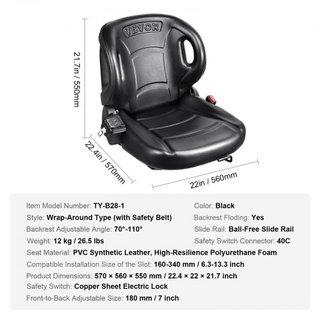 Asiento Universal para Montacargas, Asiento de Tractor con Respaldo Ajustable, Microinterruptor y Cinturón de Seguridad, Asiento Envolvente para Cargadora de Tractor Excavadora