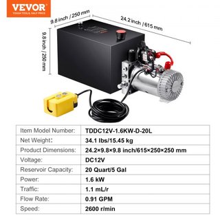 Bomba Hidráulica, Unidad de Potencia Hidráulica de 20 Cuartos, Bomba de Remolque de Volcado de Acción Simple, Tasa de Flujo de 0.91 GPM, Presión Máxima de Alivio de 3200 PSI, Bomba Hidráulica de 1...