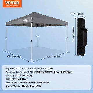 Tenda pieghevole, 10 x 10 piedi, tela rivestita in PU 250D, con borsa per ruote portatile e 4 sacchi di sabbia, impermeabile e riparo dal sole per feste all'aperto, campeggio, eventi commerciali, grigia...