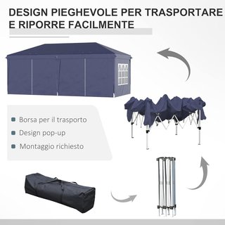 Toldo Plegable 6X3 M Pop up Con 4 Ventanas Y Paneles Laterales, 2 Puertas Y Bolsa De Transporte, Toldo De Exterior Con 12 Orificios De Drenaje De Metal Y Oxford, Para Jardín, Fiestas, Azul