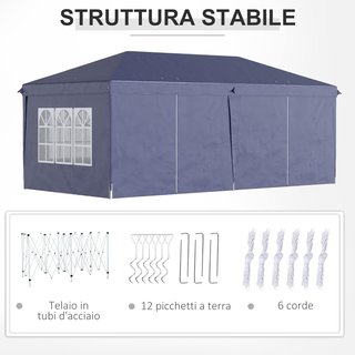 Toldo Plegable 6X3 M Pop up Con 4 Ventanas Y Paneles Laterales, 2 Puertas Y Bolsa De Transporte, Toldo De Exterior Con 12 Orificios De Drenaje De Metal Y Oxford, Para Jardín, Fiestas, Azul