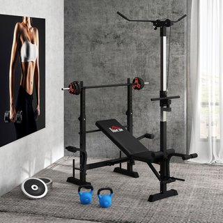 Banco de Gimnasio Multifuncional Con Sistema de Poleas, Soporte para Barra y Respaldo Ajustables, Banco de Pesas Inclinable Plano Con Extensión de Piernas, Expansión de Pecho, Soporte para Pesas, ...
