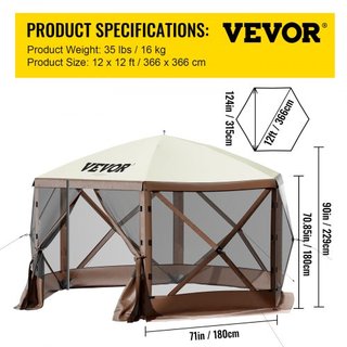 Tenda a schermo gazebo, 12 x 12 piedi, tenda da campeggio pieghevole su 6 lati con finestre in rete, borsa da trasporto portatile, picchetti da pavimento, grandi tende ombreggianti per...