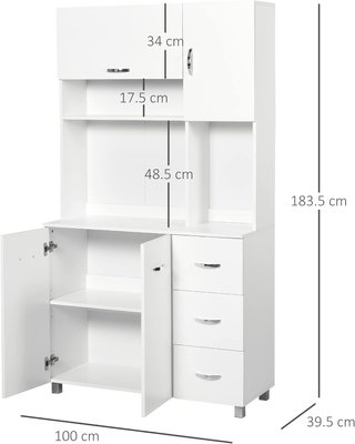 Credenza Alta Moderna Con Cassetti Y Armarios, Mueble De Cocina Para Microondas Con Estantes Abiertos, 100X39.5X183.5Cm, Blanco