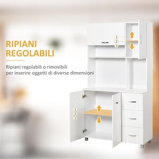 Credenza Alta Moderna Con Cassetti Y Armarios, Mueble De Cocina Para Microondas Con Estantes Abiertos, 100X39.5X183.5Cm, Blanco