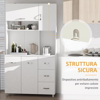 Credenza Alta Moderna Con Cassetti Y Armarios, Mueble De Cocina Para Microondas Con Estantes Abiertos, 100X39.5X183.5Cm, Blanco