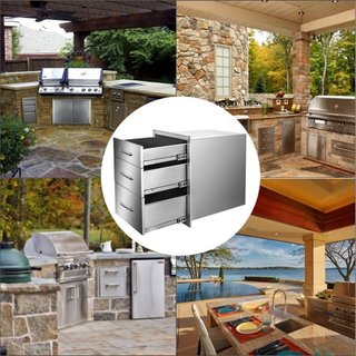 Cassetti da Cucina Esterna 14" L x 20.3" A x 23" P, Cassetti Accesso Triplo Inox a Raso con Maniglia, Cassetti per Isola BBQ per Cucine Esterne o Stazione Griglia...