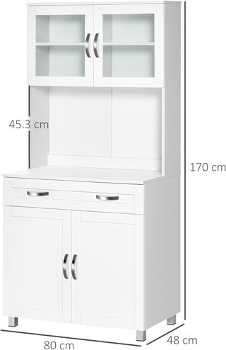 Credenza de Cocina Alta Con 2 Armarios, Superficie para Microondas y Cajón, Mueble Despensa Con Puertas de Vidrio y Estantes Regulables, para Sala de Estar, Comedor y Cocina, 80X48X170 Cm, Blanco