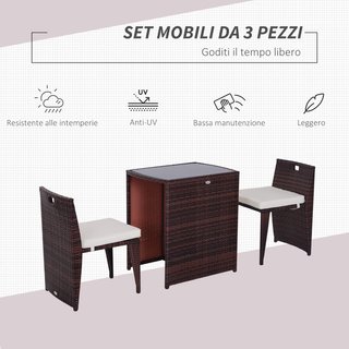 Set de 2 Piezas Muebles de Jardín en Ratán Ahorra Espacio con 1 Mesa 66X50X73 Cm y 2 Sillas 44X51X69.5 Cm con Cojines, Marrón y Beige