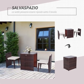 Set de 2 Piezas Muebles de Jardín en Ratán Ahorra Espacio con 1 Mesa 66X50X73 Cm y 2 Sillas 44X51X69.5 Cm con Cojines, Marrón y Beige
