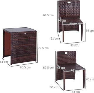 Set de 2 Piezas Muebles de Jardín en Ratán Ahorra Espacio con 1 Mesa 66X50X73 Cm y 2 Sillas 44X51X69.5 Cm con Cojines, Marrón y Beige