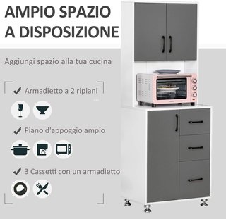 Credenza Alta De Cocina Con Diseño Moderno, Mueble Buffet De Madera Blanca Y Gris, 60X40X160Cm
