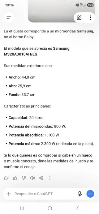 Microondas Samsung Negro MS20A3010AH/EG.