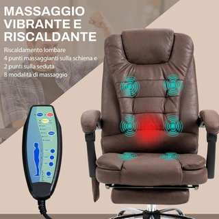 Sedia da ufficio massaggiante e reclinabile con 6 punti vibranti e riscaldamento, sedia da scrivania regolabile in altezza, marrone