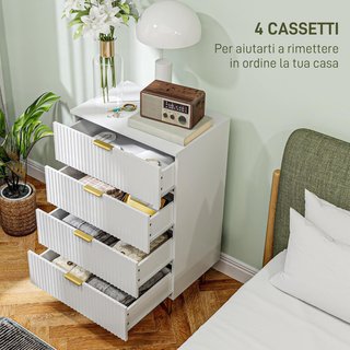 Cómoda de Dormitorio 4 Cajones Estriados, Cómoda Moderna con Manijas y Patas Doradas, Mueble para Sala de Estar, Habitación Infantil y Pasillo en Madera, 60X40X96 Cm, Blanco